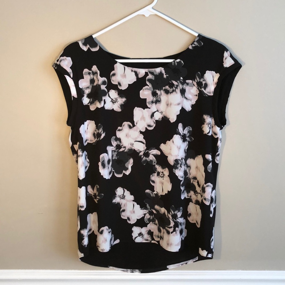 Black with flowers blouse, reversible to all black